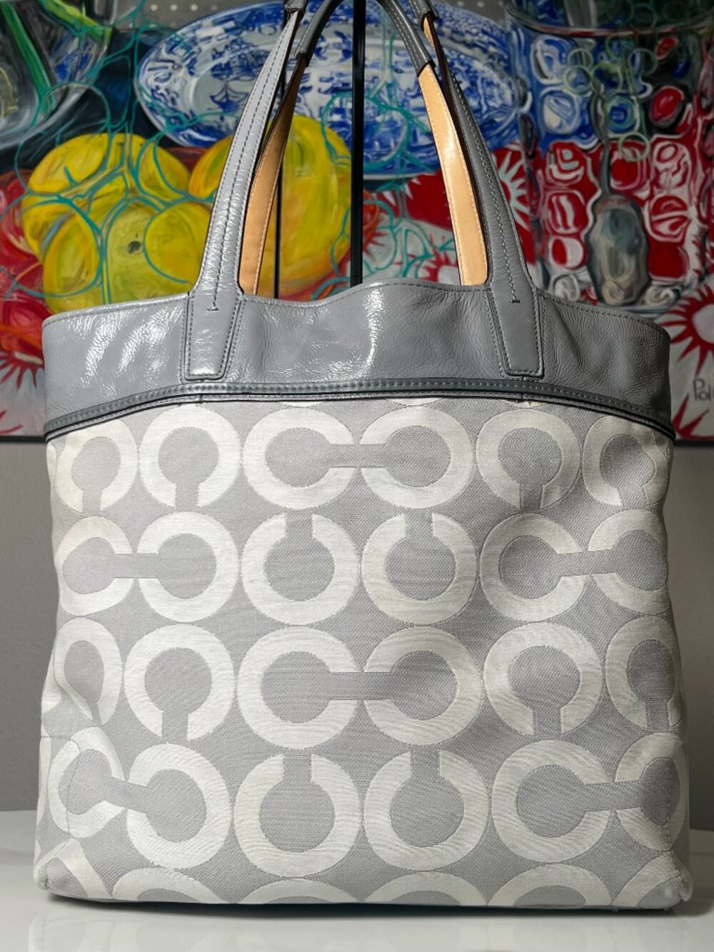 Coach Audrey Op Art Signature Tote 17035 Gray White Jacquard Patent Leather Bag - Picture 3 of 15